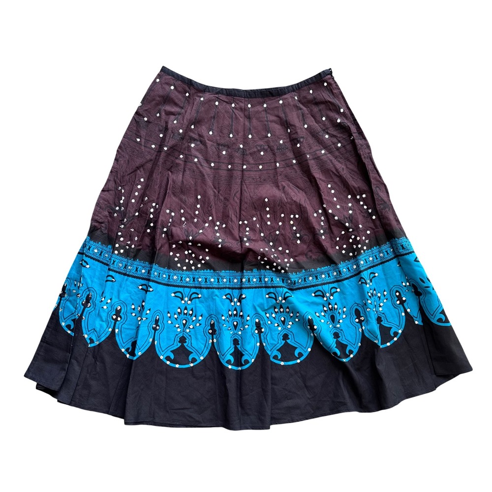 Y2K‎ Cato Boho Sequin Embellished Midi Skirt Plum Turquoise Black Block Print L
